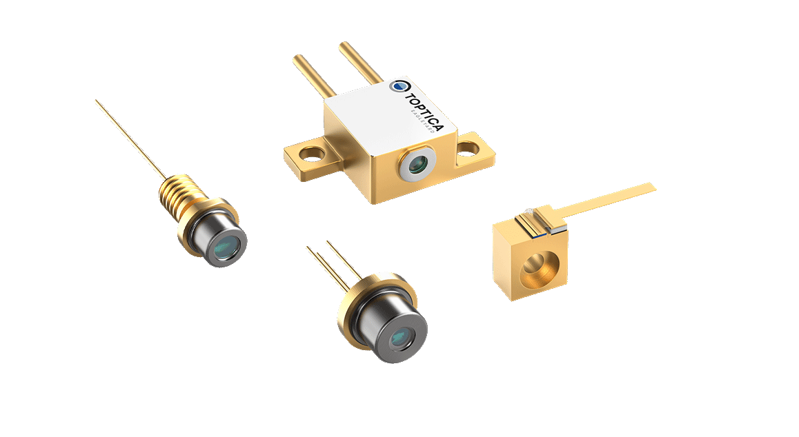 A set of four gold and silver laser diodes with varying shapes and connectors placed on a white background.