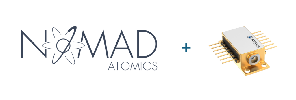 Nomad Atomics logo beside a compact TopTica electronic component, set against a sleek black background, embodies precision and innovation. It reflects how Application Insights drive seamless integration between advanced technology and real-world applications.